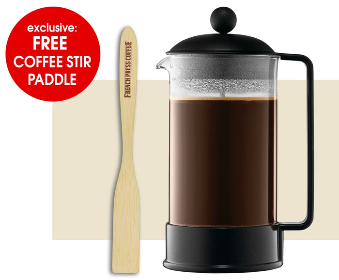 Bodum Brazil French Press Coffee Maker, Black (EXCLUSIVE Bamboo Stirring Paddle Set)