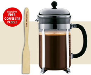 Coffee Press - Bodum CHAMBORD French Press Coffee Maker, Chrome (EXCLUSIVE Bamboo Stirring Paddle Set)