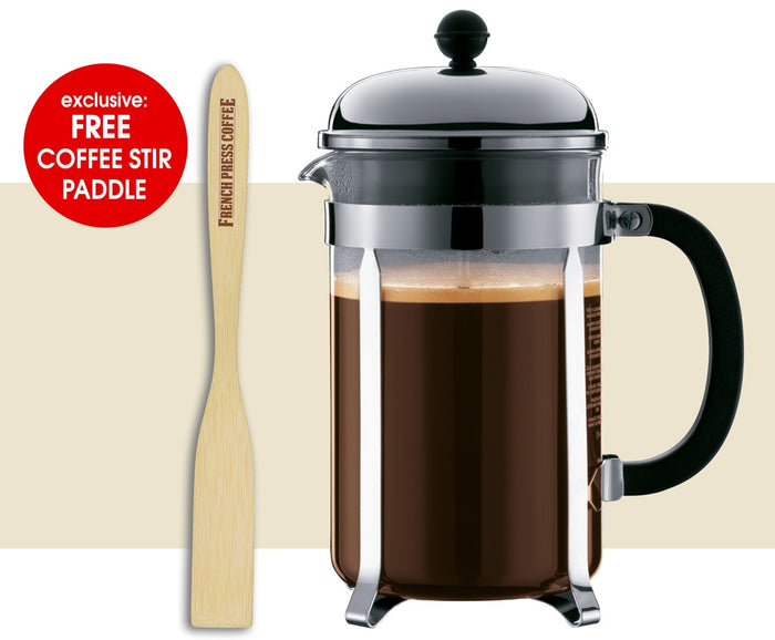 Bodum CHAMBORD French Press Coffee Maker, Chrome (EXCLUSIVE Bamboo Stirring Paddle Set)