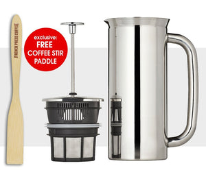 Bodum Columbia French Press Coffee Maker, Stainless Steel, Thermal, Double  Wall (EXCLUSIVE Bamboo Stirring Paddle Set)