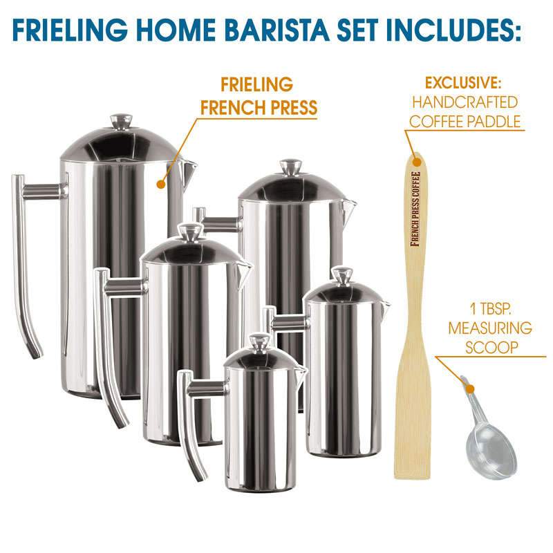 Coffee Press - Frieling USA Double Wall Stainless Steel French Press Coffee Maker With Dual Screen (EXCLUSIVE HOME BARISTA BUNDLE)